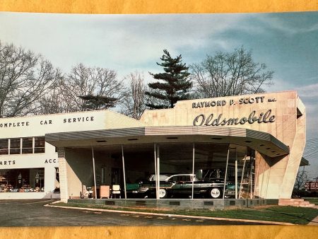 Raymond P Scott Oldsmobile, 1950 s Postcard, Wynnewood, PA, Side View of the Building For Discount