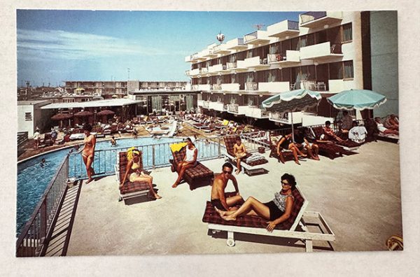 Pan American Motor Inn, 1960 s Postcard of the Sundeck & Pool, Wildwood Crest, NJ For Sale