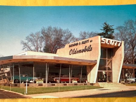 Raymond P Scott Oldsmobile, 1950 s Postcard, Wynnewood, PA, Front of the Building View Fashion